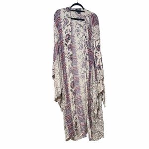 Angie bohemian floral print open-front long kimono cardigan bell sleeveless L